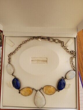 Multi-Gemstone Teardrop Pendant Necklace - Blue, White & Amber